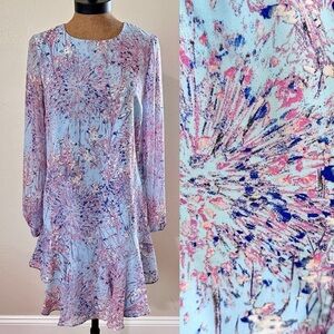 BCBGMAXAZRIA Bluebell Windswept Shift dress asymmetrical hem ruffles lined Sz 8 